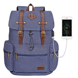 Modoker Vintage Rucksack Backpack for Women Men, Canvas Backpack Vintage College School Bookbag with USB Charging Port Fashion Vegan Leather Daypack Fits 16 Inch Notebook, Blue