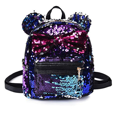 Women Girl's Sequin Backpack Cute Mini Fashion Backpack Ears Bowknot Shoulder School Bag(Blue)