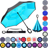 Zameka Double Layer Inverted Umbrellas Reverse Folding Umbrella Windproof UV Protection Big Straight Umbrella Inside Out Upside Down for Car Rain Outdoor with C-Shaped Handle (New Lake Blue)