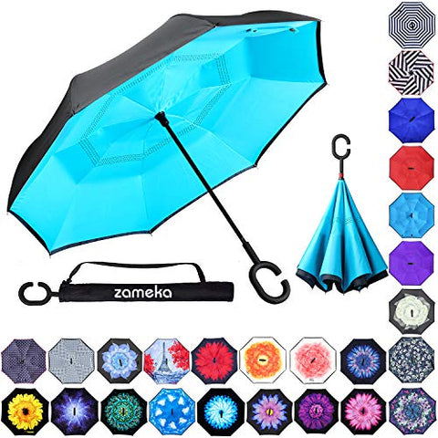 Zameka Double Layer Inverted Umbrellas Reverse Folding Umbrella Windproof UV Protection Big Straight Umbrella Inside Out Upside Down for Car Rain Outdoor with C-Shaped Handle (New Lake Blue)
