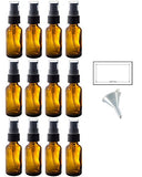 1 oz Amber Glass Boston Round Treatment Pump Bottle (12 Pack) + Funnel and Labels for Essential Oils, Aromatherapy, Food Grade, bpa Free