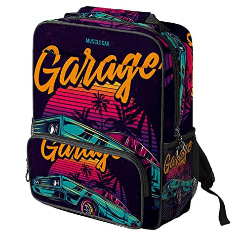 LORVIES American Muscle Car in Retro Neon Style Painting School Bag for Student Bookbag Women Travel Backpack Casual Daypack Travel Hiking Camping