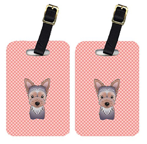 Caroline's Treasures BB1232BT Pair of Checkerboard Pink Yorkie Puppy Luggage Tags, Large,