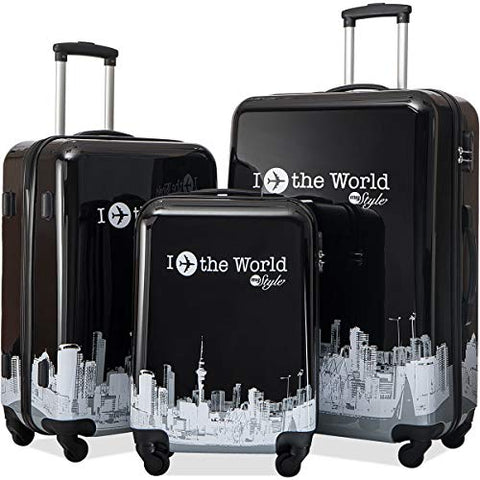 Flieks Graphic Print Luggage Set 3 Piece ABS + PC Spinner Travel Suitcase (Around the World)