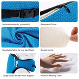 LANGRIA 6-in-1 Memory Foam Neck Support Travel Pillow with Detachable Hood Adjustable Neck Size for All Ages Side Elastic Pocket Neck Travel Cushion for Plane Train Car Bus Office (Blue)