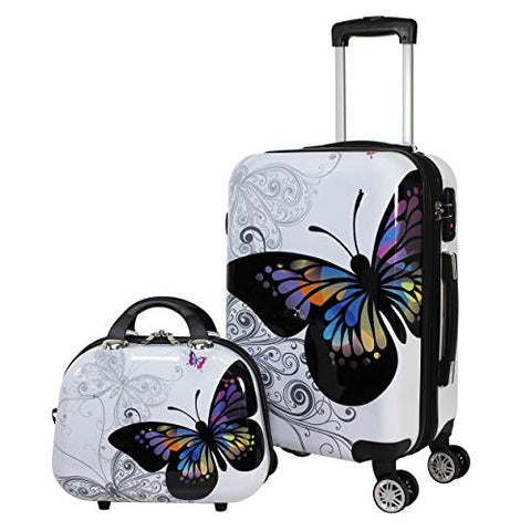World Traveler Black and White Butterfly 2-Piece Carry-on Spinner Luggage Set