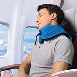 LANGRIA 6-in-1 Memory Foam Neck Support Travel Pillow with Detachable Hood Adjustable Neck Size for All Ages Side Elastic Pocket Neck Travel Cushion for Plane Train Car Bus Office (Blue)