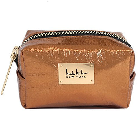 Nicole Miller Metallic Oversized Gold Zipper Makeup Pouch For Women And Adults in Bronze
