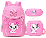 Debbieicy Cute Cat Printing Lace Backpack Lightweight Princess School Bag Kids Bookbag Handbag Pen Bag Set for Primary Girls (Large, Pink1(Backpack Handbag Pen Bag))