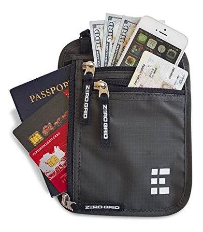 Zero Grid Neck Wallet W/Rfid Blocking- Concealed Travel Pouch & Passport Holder (Shadow Grey)