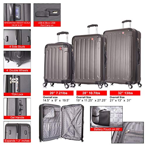 DUKAP Luggage Intely Smart Hardside 3 piece set 20''/28''/32'' with USB and integrated weight scale