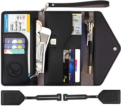 Passport Wallet, Travel Accessories Tri-fold RFID Blocking Document Organizer Multi-pocket Card Holder with 2 Luggage Tags