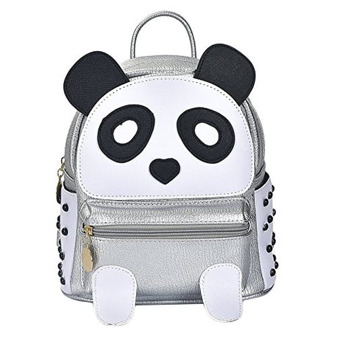 Girls Fashion Pu Leather Panda Book Bag Rivet Women Mini Casual Style Panda Backpack Silver