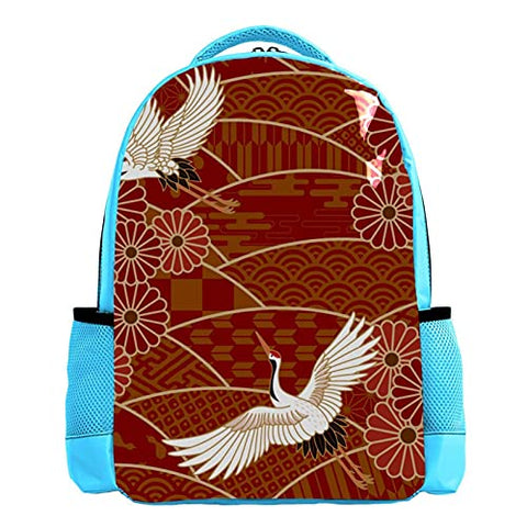 LORVIES Cranes Chrysanthemums Japanese Traditional Red Backpack Kids School Book Bags for Elementary Primary Schooler for Boys