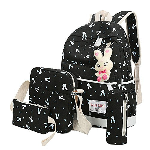4 Pcs Teen Girls Cute Lightweight Canvas Backpack Set Rabbit Bookbag Laptop School Backpack