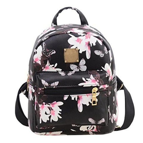 Women Girls Floral Printing Pu Leather Shoulder Bag Backpack (Black)