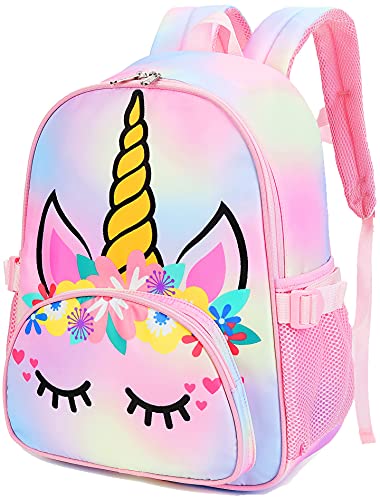 Kids Backpack Girls School Backpack Unicorn Preschool Kindergarten BookBag with Chest clip (Tie Dye headband unicorn)
