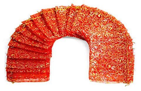 ZUUC Eyelash Gold Organza Drawstring Pouch Bag Pack of 100 (Red, 5X7")