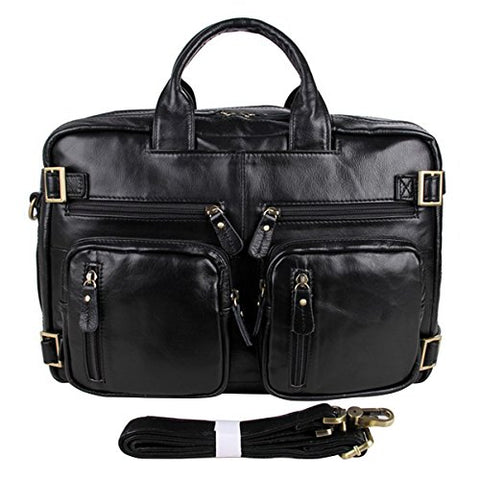 ABage Men's Leather Brief Genuine Leather Business Messenger Convertible Brief Black