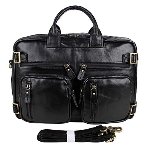 ABage Men's Leather Brief Genuine Leather Business Messenger Convertible Brief Black