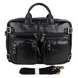 ABage Men's Leather Brief Genuine Leather Business Messenger Convertible Brief Black