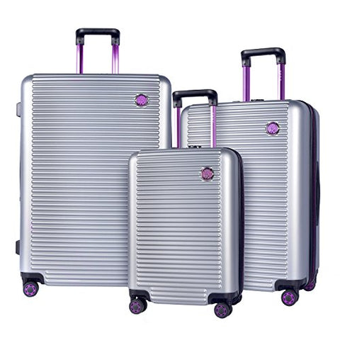 TPRC 3 Piece Multi-Tone Eye-Catching Design Hardside Luggage Set with TSA Lock, Silver with Purple Color Option