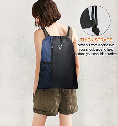 Drawstring Backpack Sports Gym Bag for Women Men Children Large Size with Zipper and Water Bottle Mesh Pockets (Black/Navy)