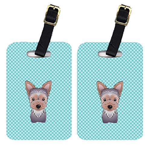 Caroline's Treasures BB1170BT Pair of Checkerboard Blue Yorkie Puppy Luggage Tags, Large,