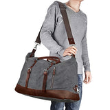 Canvas Overnight Bag Travel Duffel Genuine Leather for Men and Women Weekender Tote (Grey)