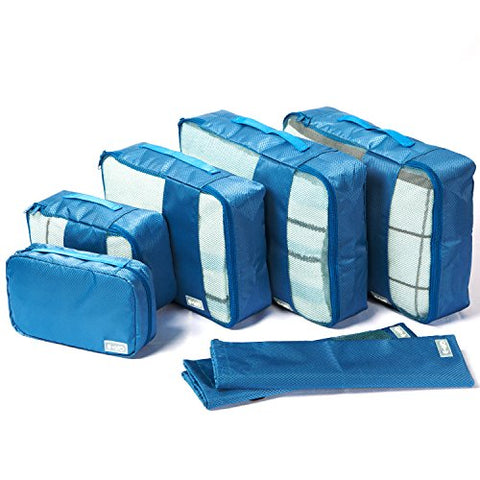 Coolife Packing Cubes Travel Organizers with Laundry Bag 7 Set Hanging Toiletry Bag Portable (blue)