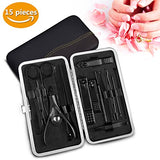 ONME 15Pcs Nail Clippers Set Pedicure Kit Stainless Steel Nail Clipper set, Professional Nail Scissors Grooming Kit Manicure Includes Cuticle Remover Tools With Portable Travel Case (Black)