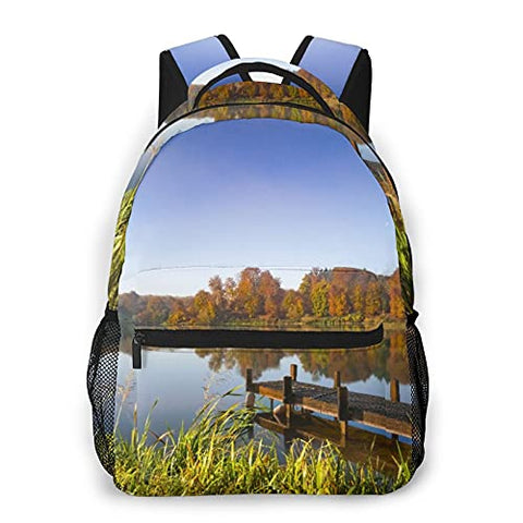 Double Shoulder Casual Backpack,Lake View Fishing Countryside Themed With Tre,Lightweight Durable Rucksack Business Travel Sports Schoolbag Daypack for Men Women Adult Teens