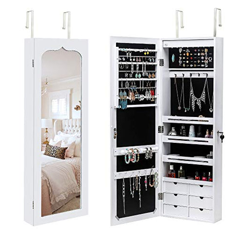 HomVent LED Non Full Body Mirror Jewelry Storage Cabinet, 8 LED Lights 4 Storage Shelves 6 Organizer Drawers Cosmetics Holder, Wall Door Mounted Cabinet, White