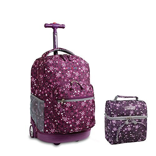 J World New York Sunrise Rolling Backpack & Corey Lunch bag Set (Garden Purple)