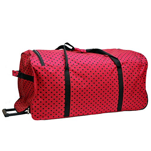 thumbnail interactive-video image 1 of E-Z Roll Fashion Polka Dot Rolling Duffle Bag – 22/30/36 Inch – Black/Pink, Brown/Aqua, Red/Black 1 of 4
