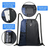 Drawstring Backpack Sports Gym Bag for Women Men Children Large Size with Zipper and Water Bottle Mesh Pockets (Black/Navy)