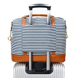 Women Ladies Canvas Weekender Bag Overnight Carry-On Tote Duffel In Trolley Handle (Blue Stripe)