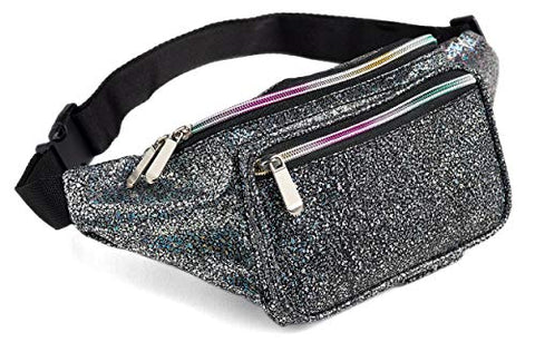 Festival Rave 80s Holographic Black Gravel Fanny Pack Waist Belt Bag For Women, Girls (Black