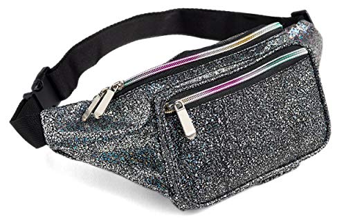 Festival Rave 80s Holographic Black Gravel Fanny Pack Waist Belt Bag For Women, Girls (Black