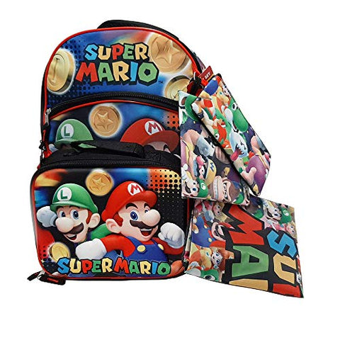 Super Mario 5-Piece Backpack Set with Lunch Box, Gadget Case, Cinch Sack & Snack Pack
