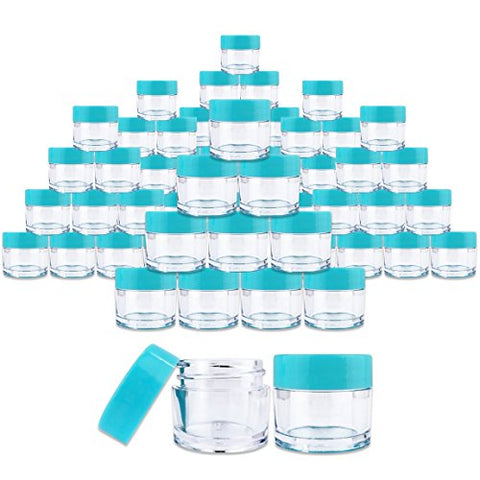 Beauticom 7 Gram / 7 ML (Quantity: 60 Pieces) Thick Wall Round Leak Proof Clear Acrylic Jars with Teal Lids for Beauty, Cream, Cosmetics, Salves, Scrubs