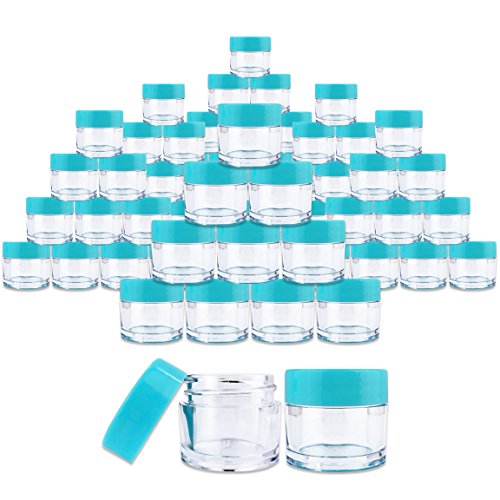 Beauticom 7 Gram / 7 ML (Quantity: 60 Pieces) Thick Wall Round Leak Proof Clear Acrylic Jars with Teal Lids for Beauty, Cream, Cosmetics, Salves, Scrubs