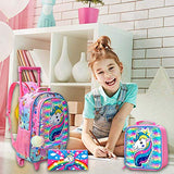 4PCS Rolling Backpack for Girls, Wheeled Kids Unicorn Bookbag