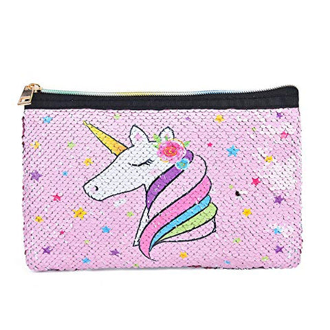 Unicorn Makeup Bag - Reversible Sequin Cosmetic Bag Sparkly Pink Zipper Vanity Toiletry Bag Pouch Purse for Girls Women Travel Birthday Christmas Gift