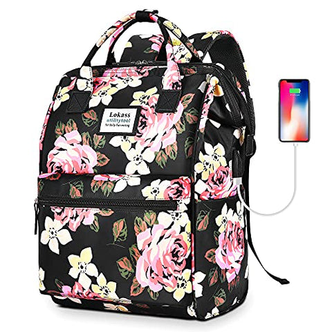 BRINCH Laptop Backpack 15.6 Inch Wide Open Computer Backpack Laptop Bag College Rucksack Water Resistant Business Travel Backpack Multipurpose Daypack with USB Charging Port for Women Girls, Peony