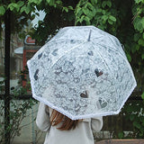 Becko White Stick Umbrella / Flower And Heart Pattern Clear Canopy Bubble Umbrella / Transparent
