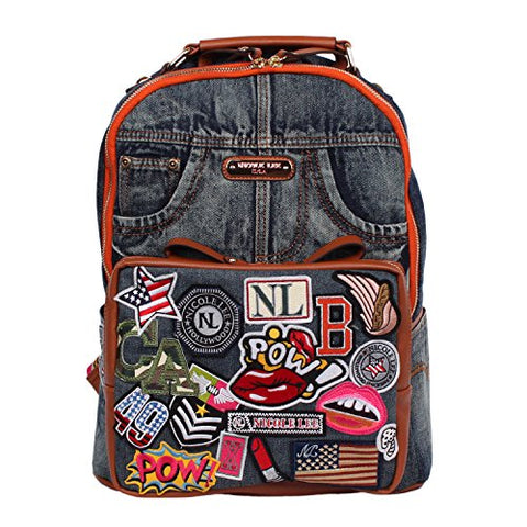 Nicole Lee Women's Denim Patch Design Spacious Multiple Compartment Backpack, One Size