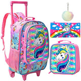 4PCS Rolling Backpack for Girls, Wheeled Kids Unicorn Bookbag