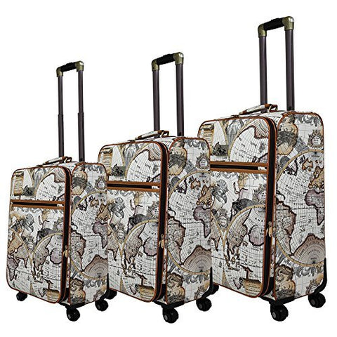 Chariot Map 3-Piece Expandable Rolling Spinner Luggage Set-Brown