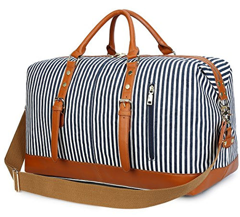 BLUBOON Weekender Overnight Bag Travel Women Ladies Canvas Duffle Tote Bags PU Trim (Blue stripe)